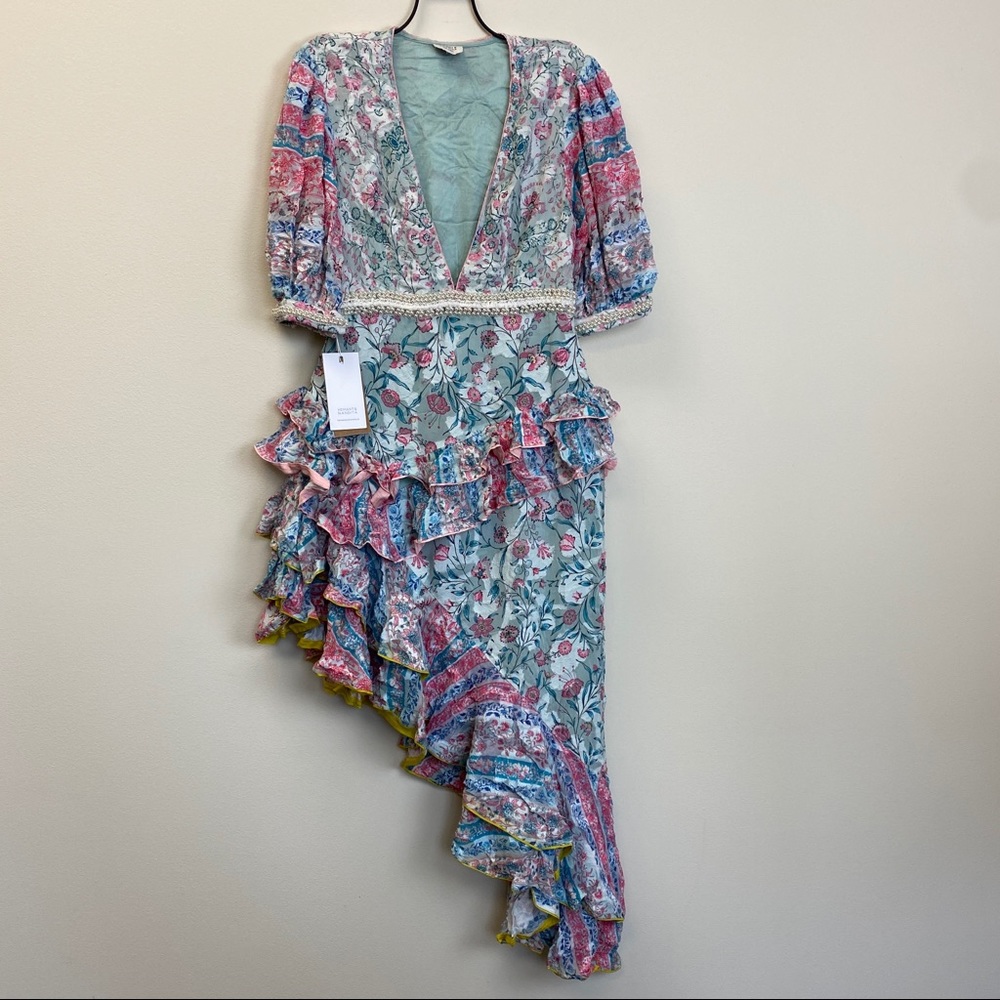 Hemant and Nandita Floral Ruffled Asymmetric Midi Dress in White, Pink, Blue - Picture 10 of 14